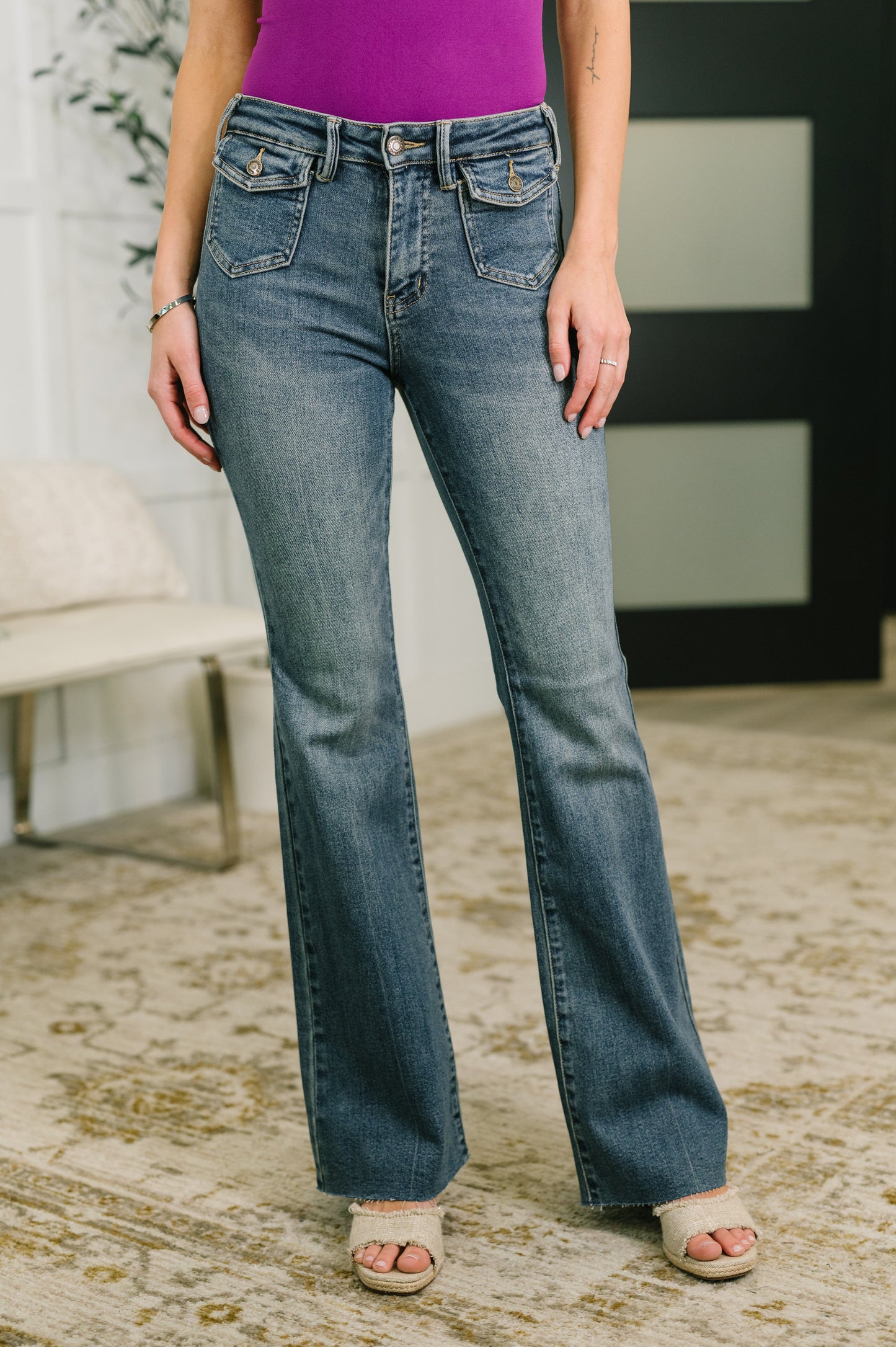 Jackie Judy Blue Mid Rise Flare Jean with Front Flap Pockets