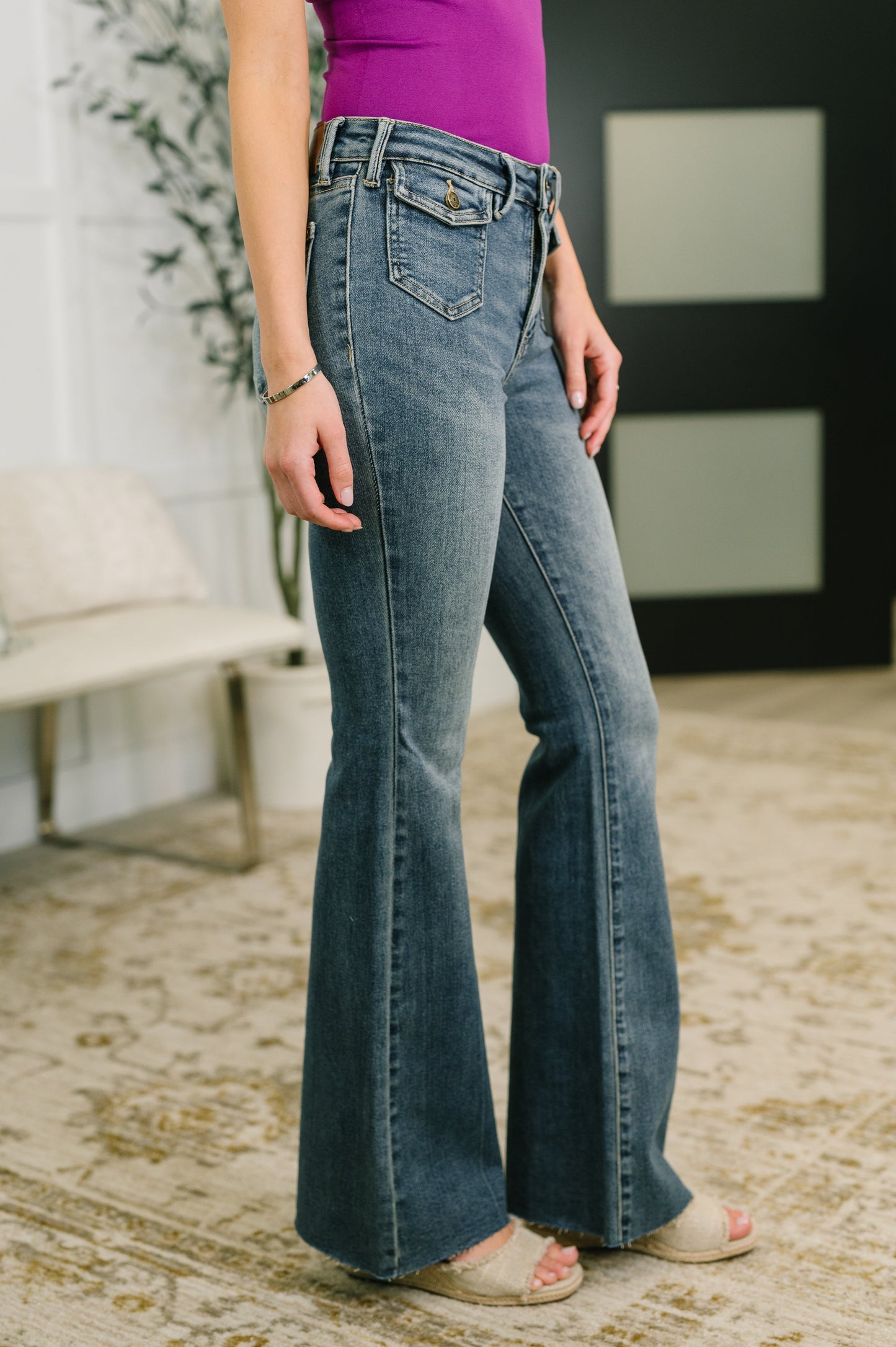 Jackie Judy Blue Mid Rise Flare Jean with Front Flap Pockets