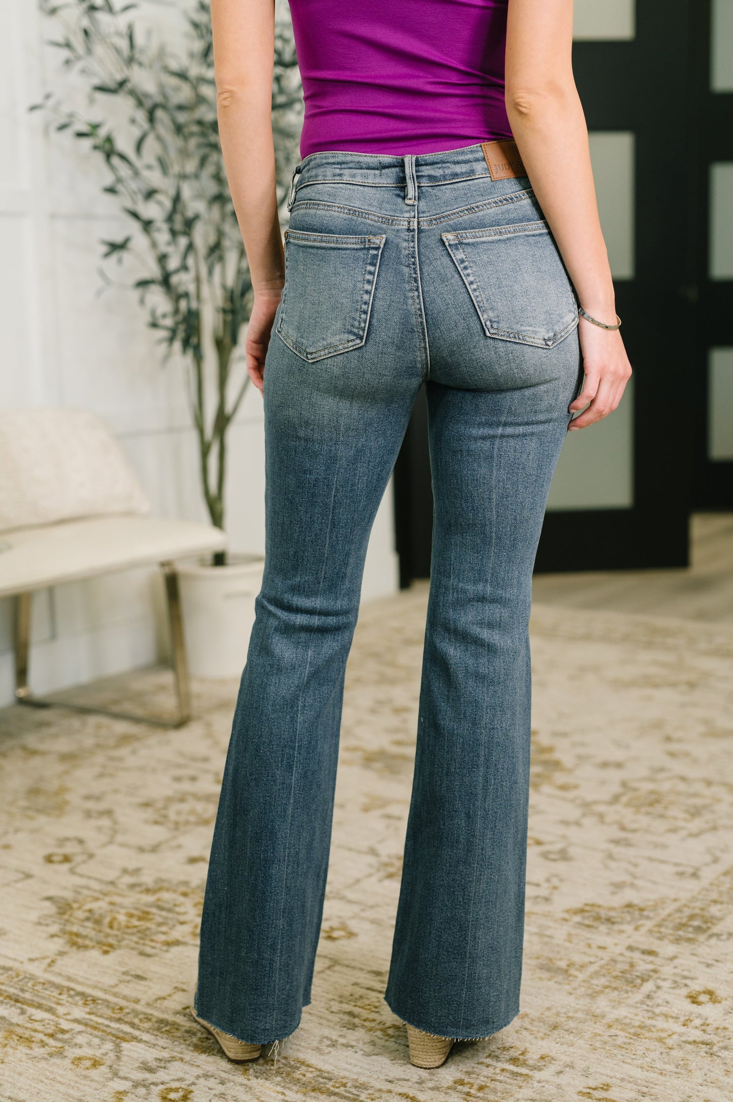 Jackie Judy Blue Mid Rise Flare Jean with Front Flap Pockets