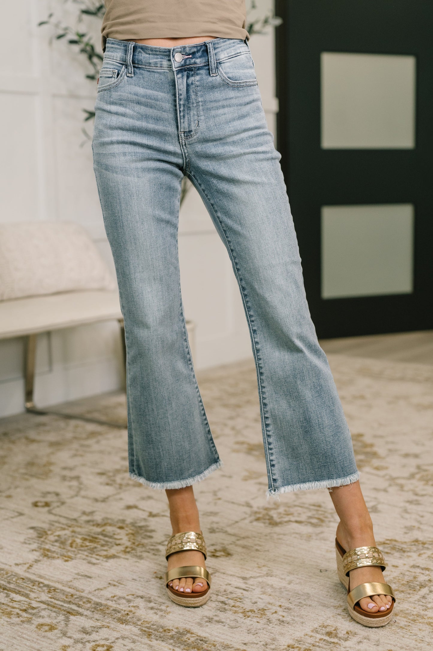 Mckaylee Judy Blue Mid Rise Kick Flare Jeans with Frayed Hem