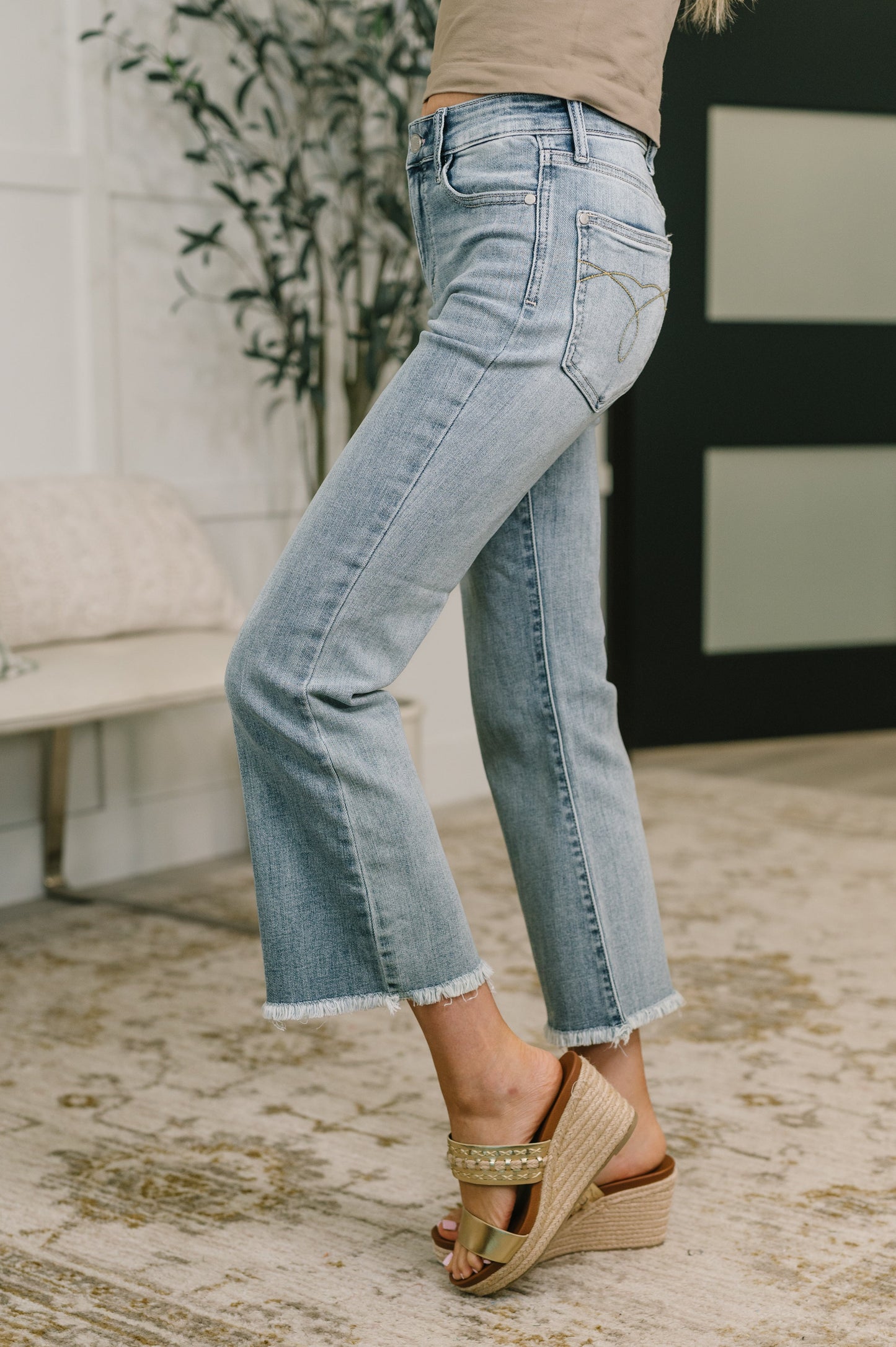 Mckaylee Judy Blue Mid Rise Kick Flare Jeans with Frayed Hem