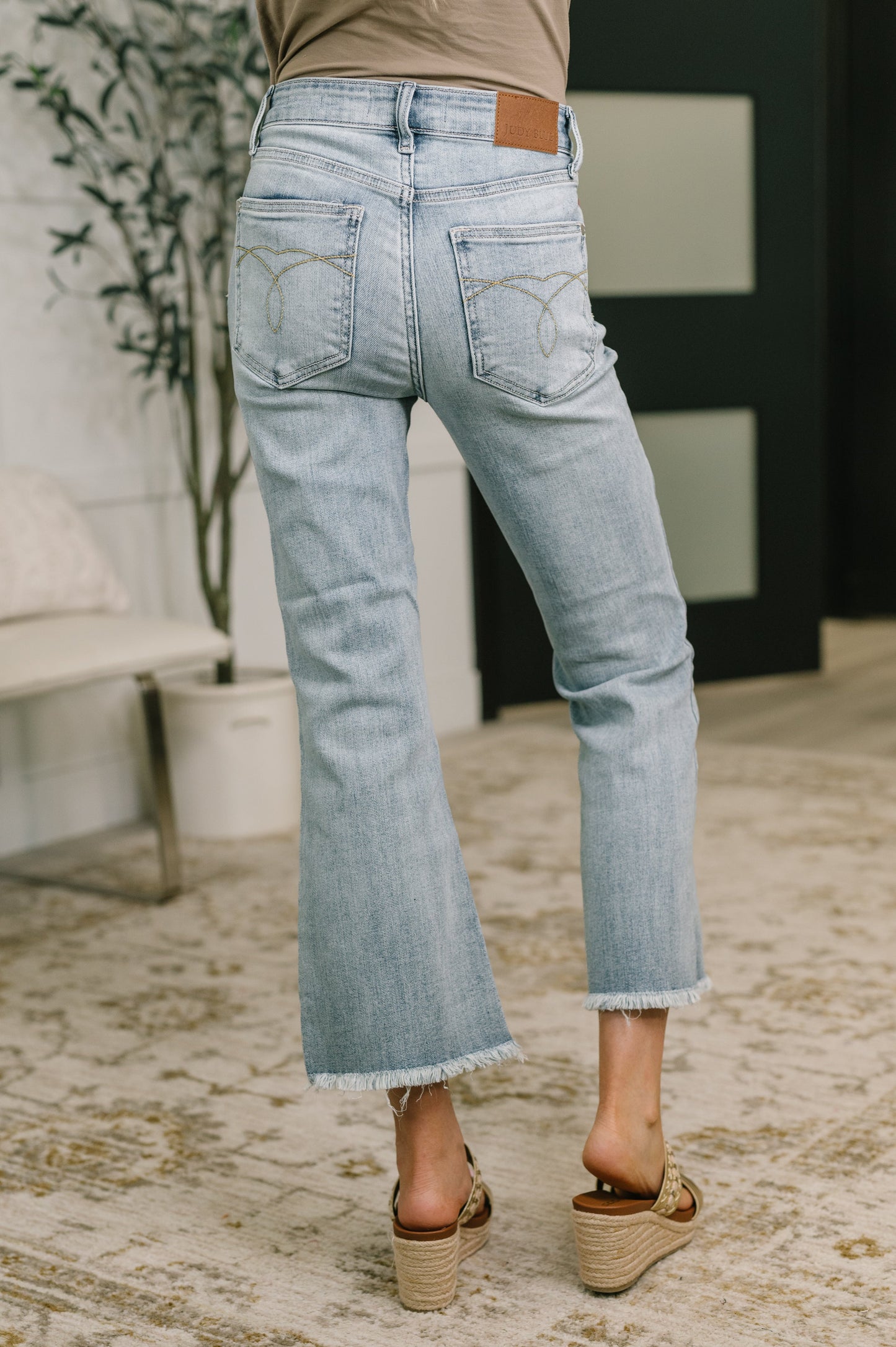 Mckaylee Judy Blue Mid Rise Kick Flare Jeans with Frayed Hem