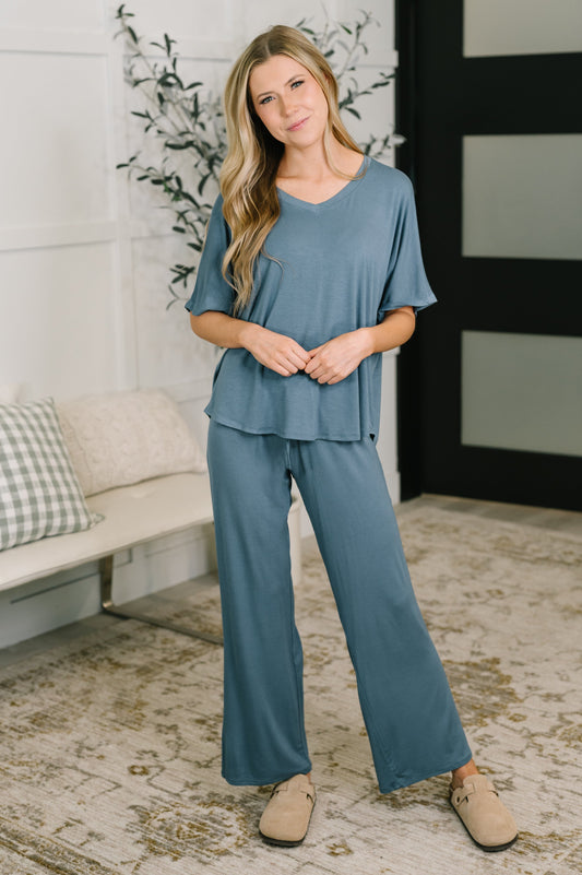 She’s Reliable Top and Bottom Lounge Set in Dusty Blue