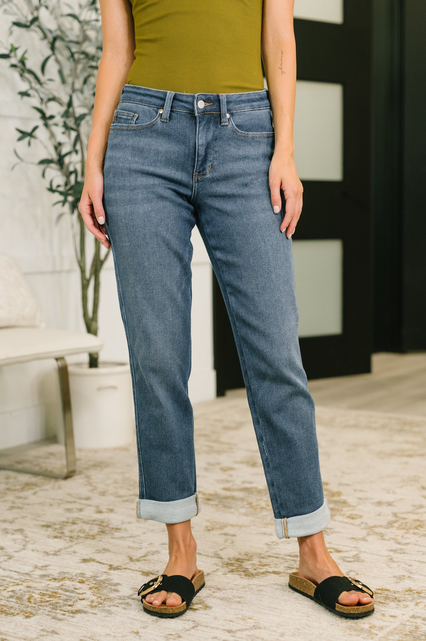 Shane Judy Blue Mid Rise Billie Boyfriend Jean in Dark Cozy Indigo