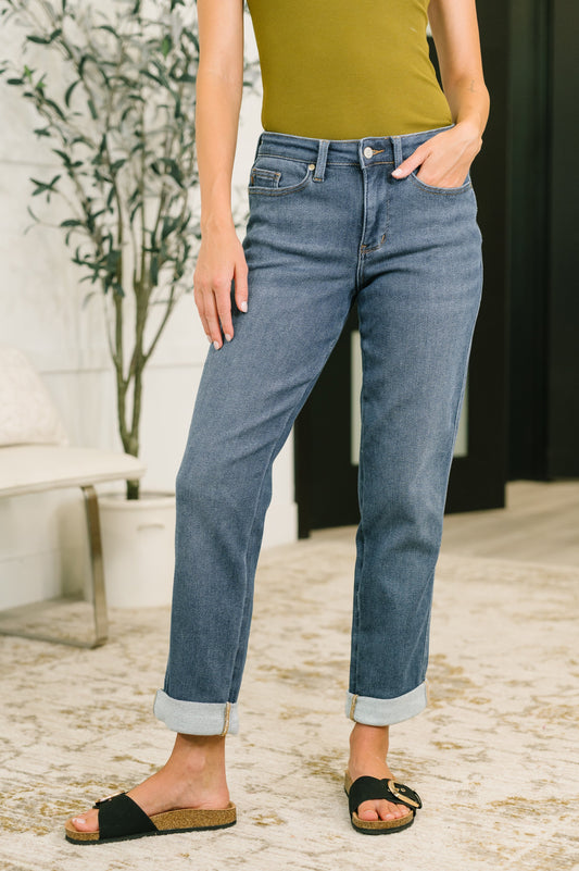 Shane Judy Blue Mid Rise Billie Boyfriend Jean in Dark Cozy Indigo