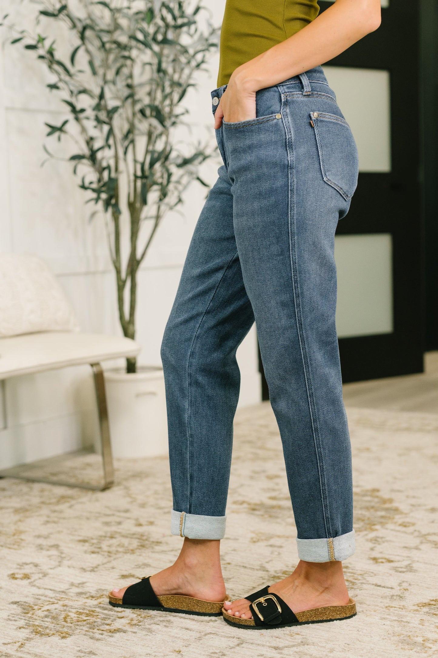 Shane Judy Blue Mid Rise Billie Boyfriend Jean in Dark Cozy Indigo