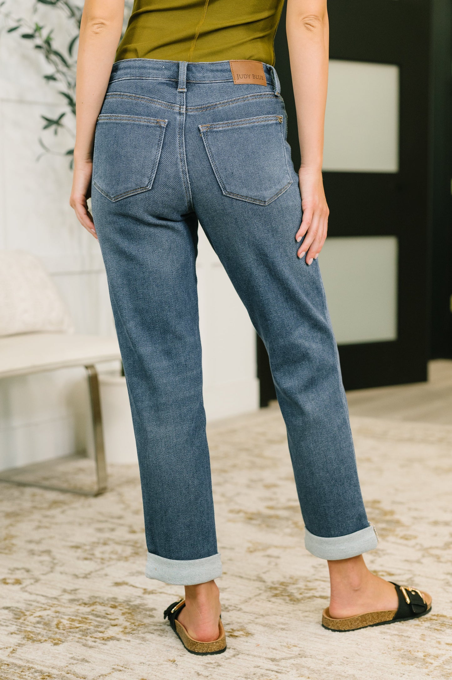 Shane Judy Blue Mid Rise Billie Boyfriend Jean in Dark Cozy Indigo