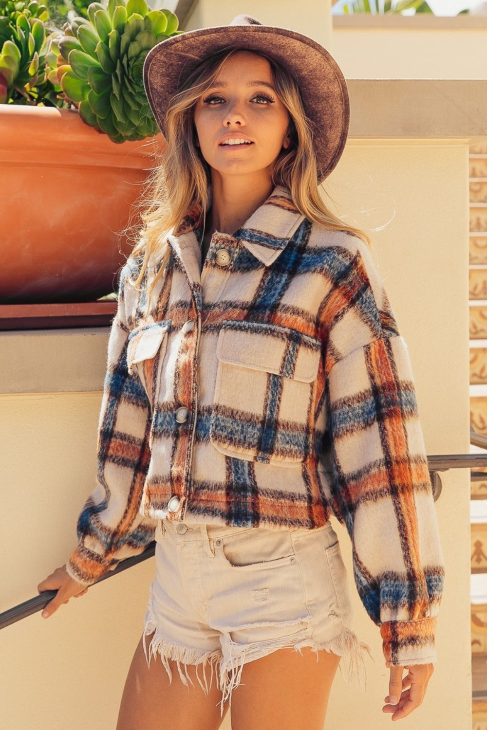 BiBi Brushed Plaid Crop Jacket