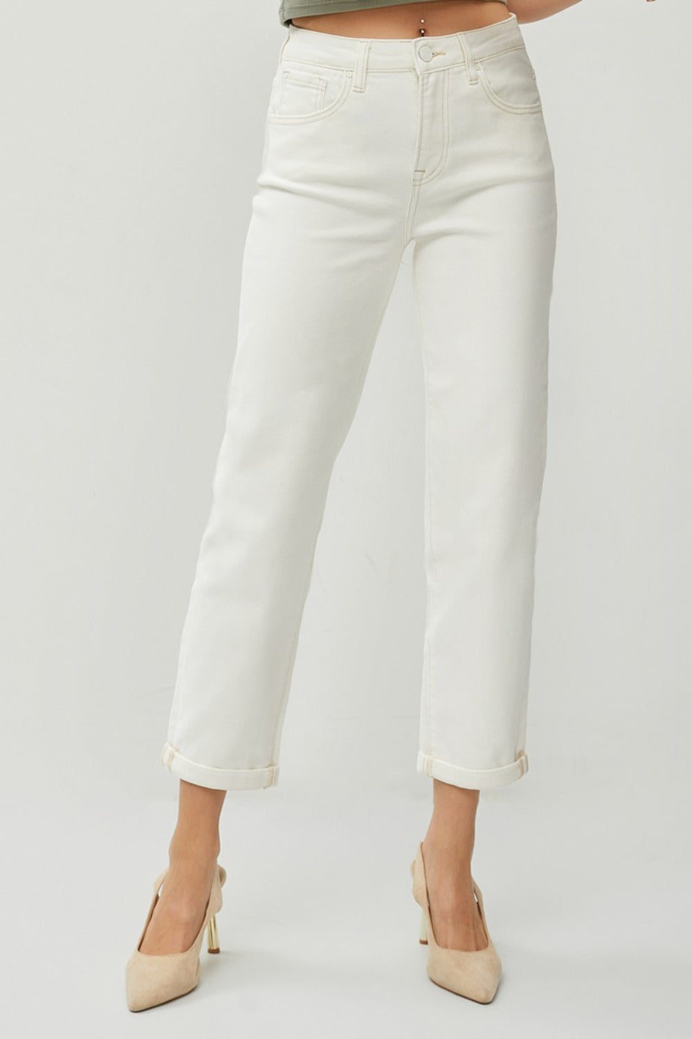 RISEN High Waist Rolled Hem Straight Jeans in Cream