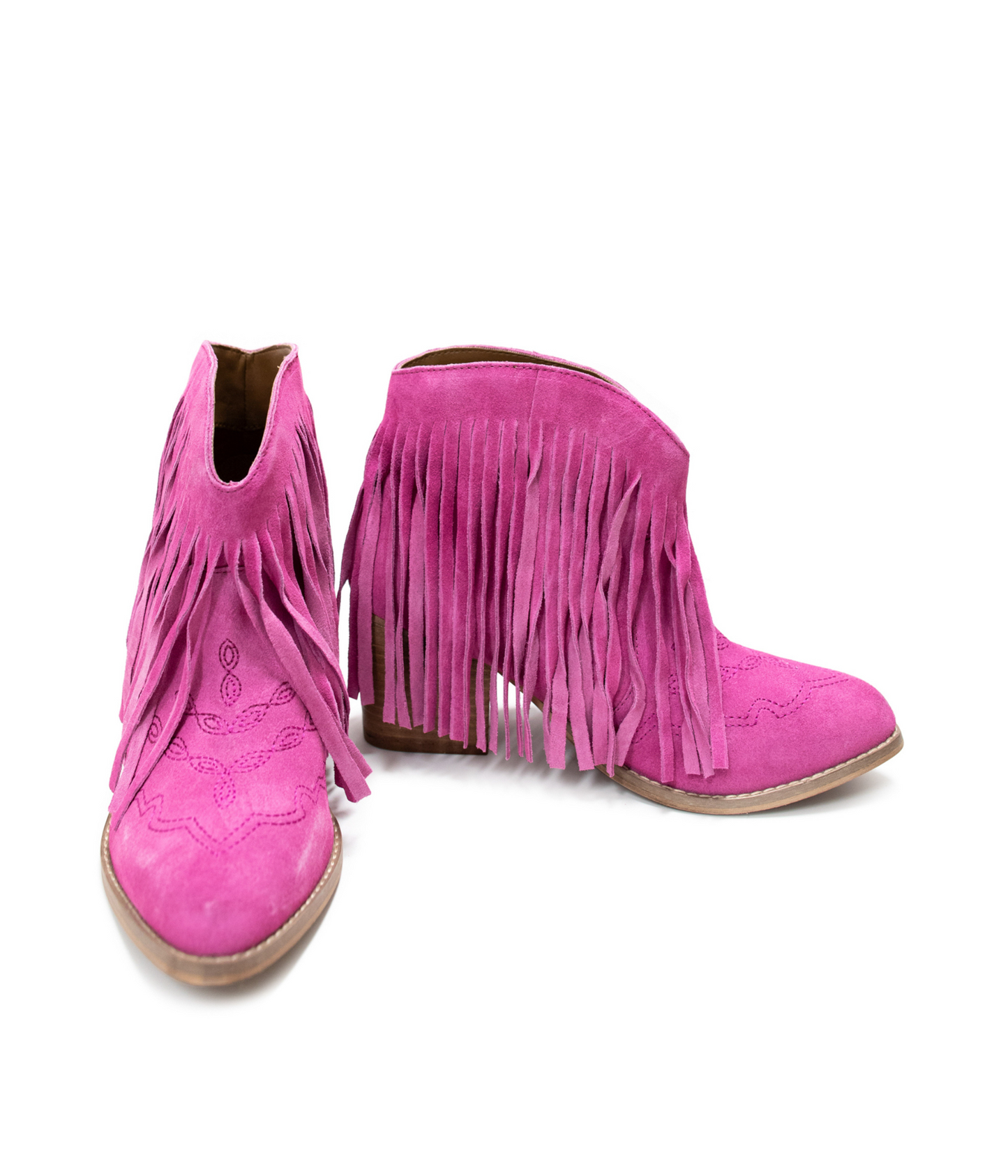 Naughty Monkey Amos Fringe Ankle Bootie in Magenta Suede