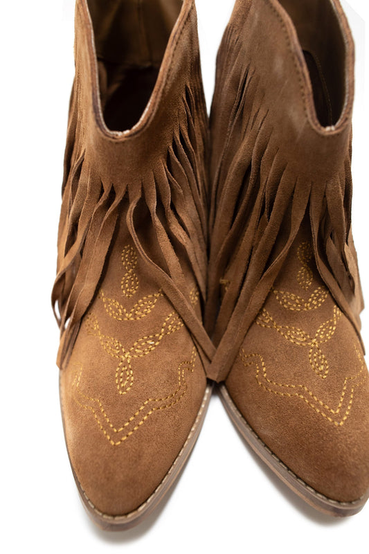 Naughty Monkey Amos Fringe Ankle Bootie in Tan Suede