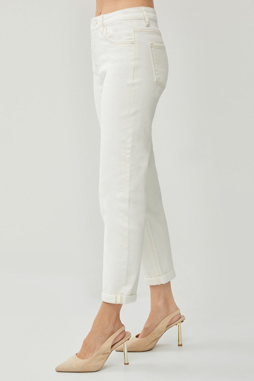 RISEN High Waist Rolled Hem Straight Jeans in Cream