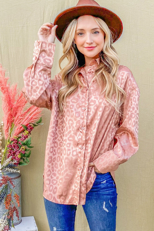 And The Why Satin Leopard Button Up Curved Hem Blouse