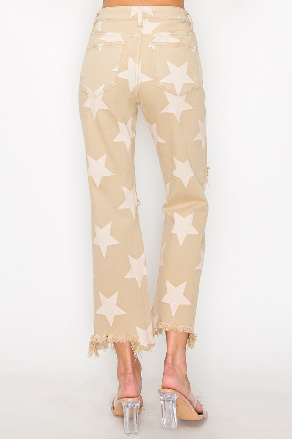 Risen High Rise Star Printed Frayed Hem Jeans