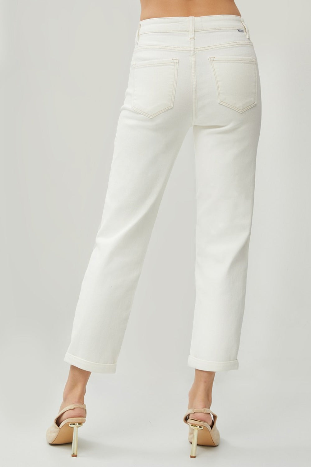 RISEN High Waist Rolled Hem Straight Jeans in Cream