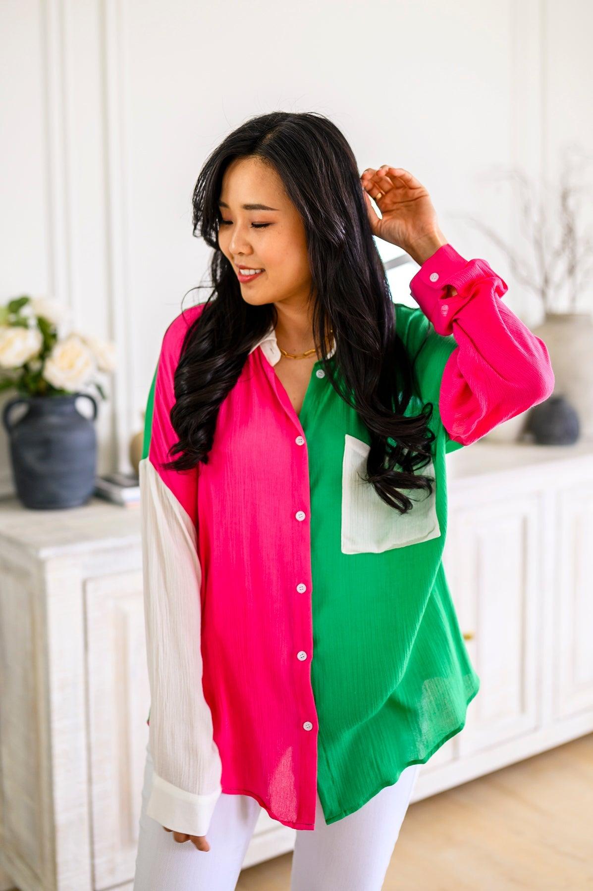 Capture the Day Two Toned Button Up Kelly - The Fiery Jasmine