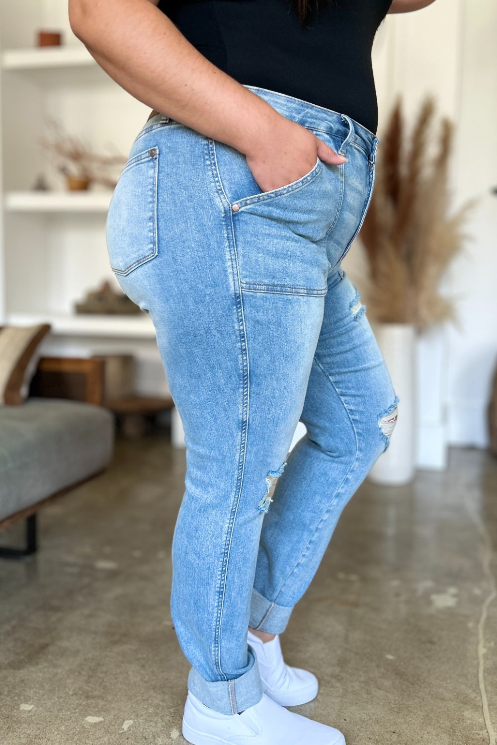 Lola Judy Blue Distressed Straight Jeans with Patch Pockets