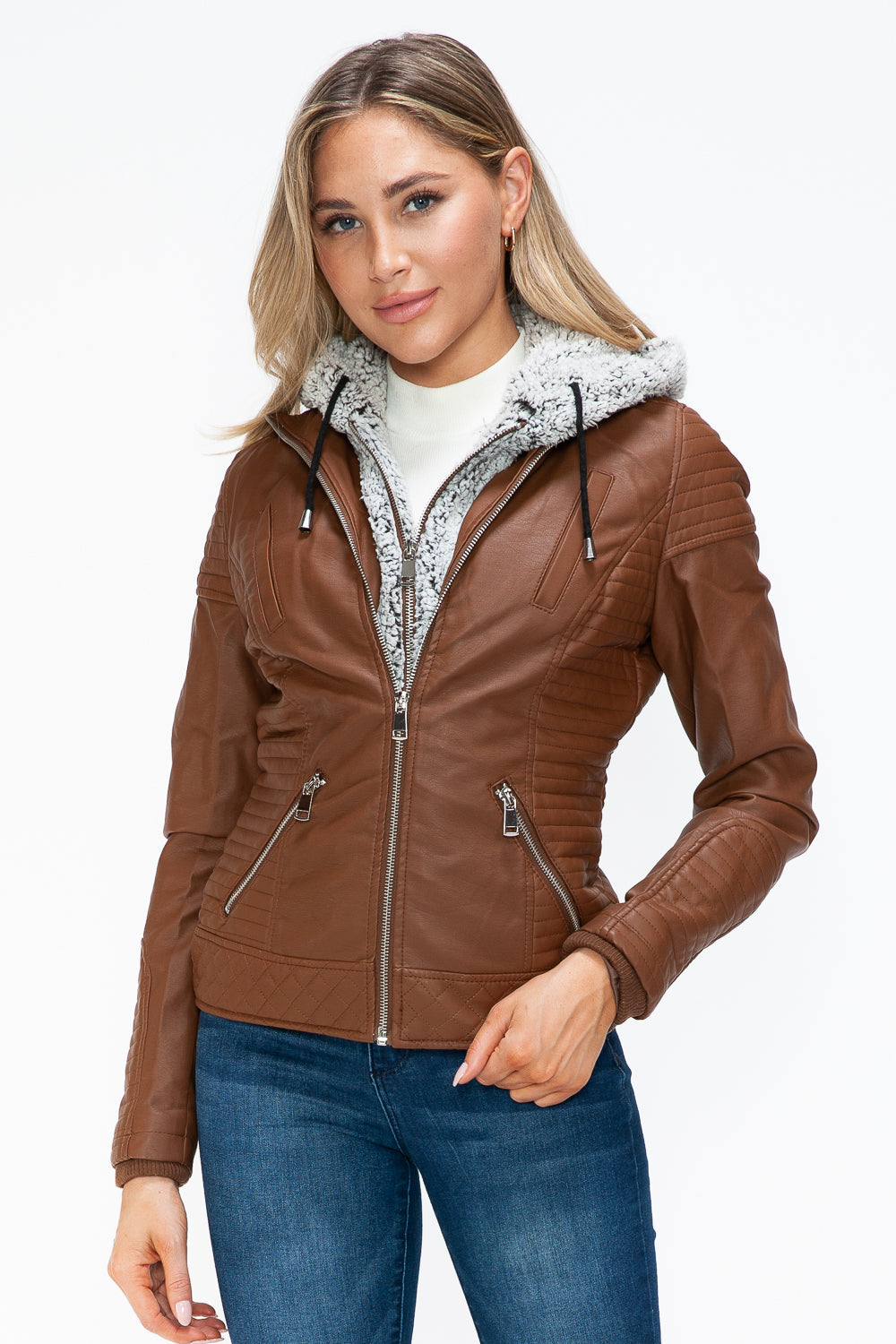 YMI Faux Layered Double-Zipper Jacket in Rust