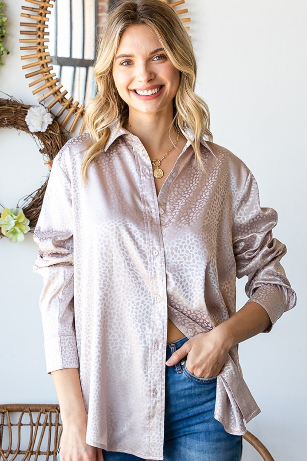 First Love Ditsy Dot Button Down Collared Satin Blouse