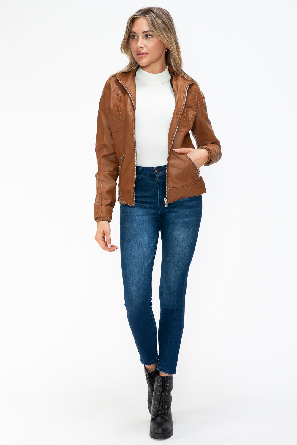 YMI Faux Layered Double-Zipper Jacket in Camel