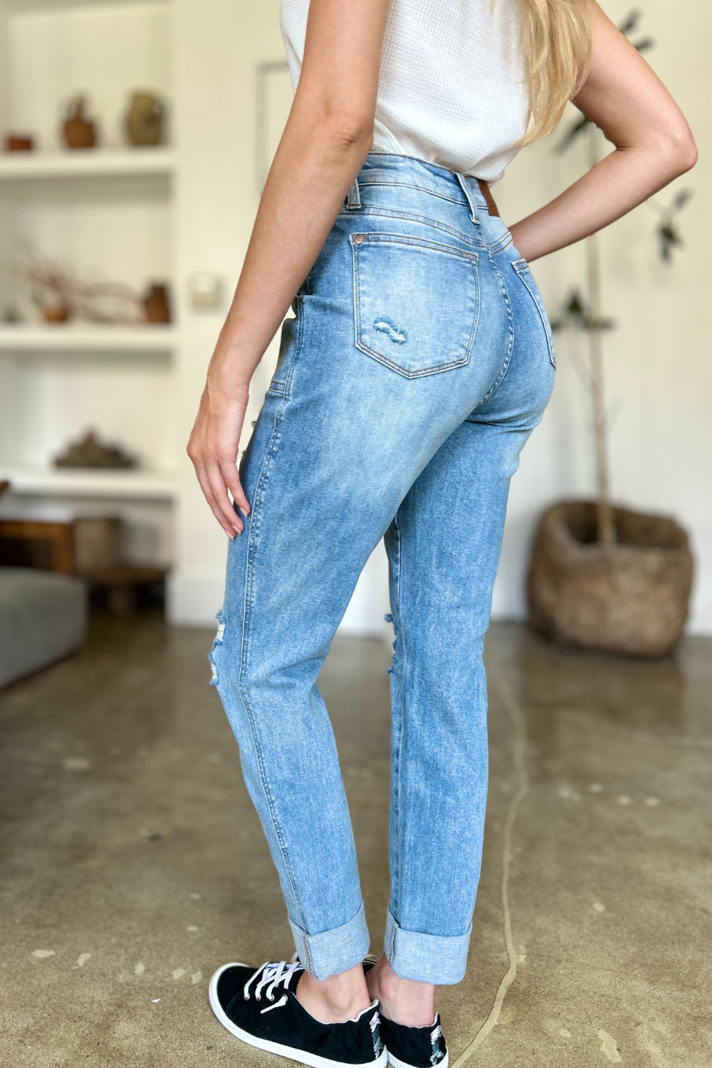 Lola Judy Blue Distressed Straight Jeans with Patch Pockets