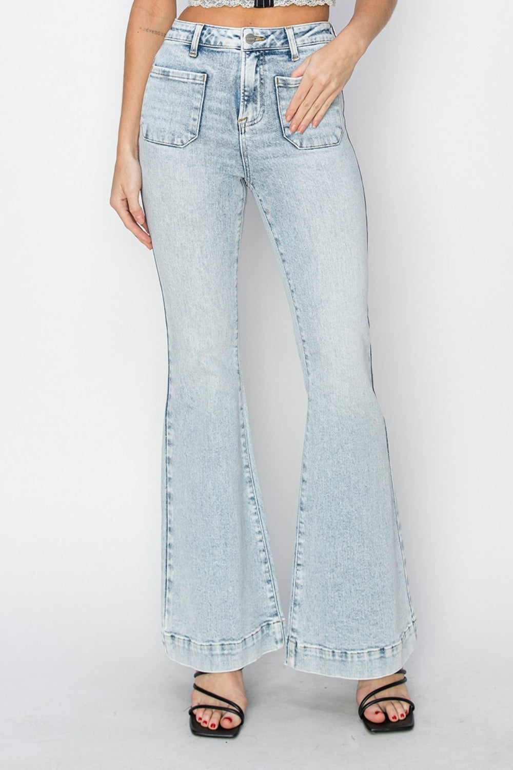 Risen High Rise Front Patch Pocket Flare Jeans