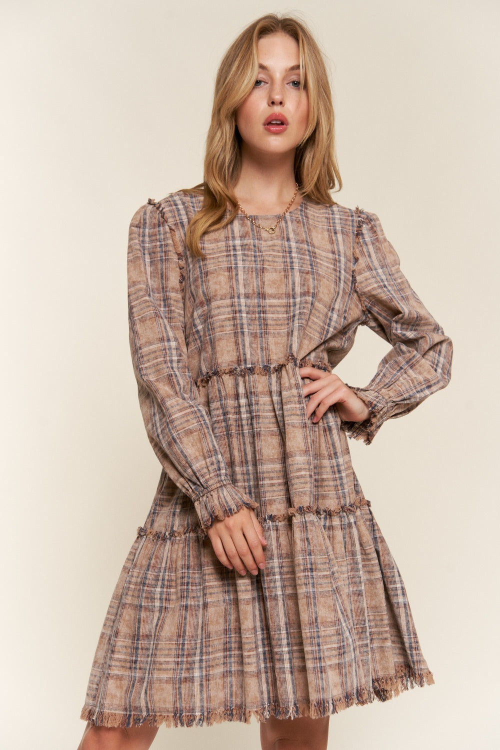 And The Why Washed Frayed Plaid Dress