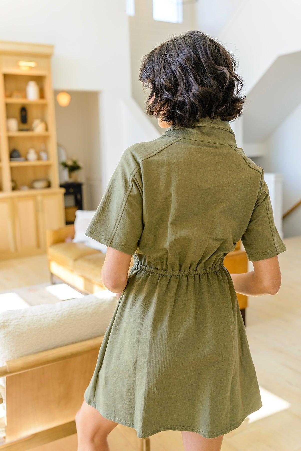 Darla Button Up Collared Dress in Olive - The Fiery Jasmine