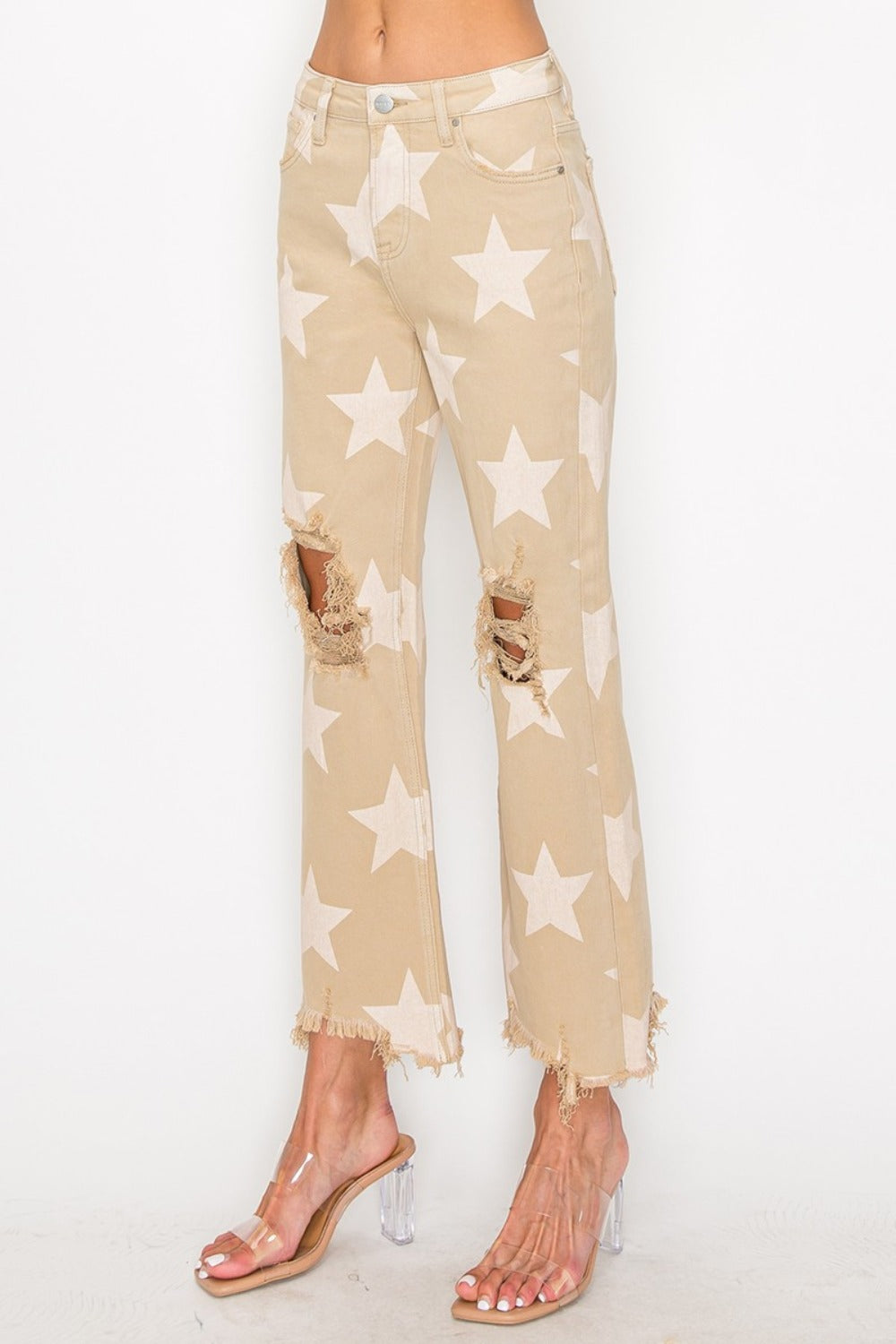 Risen High Rise Star Printed Frayed Hem Jeans