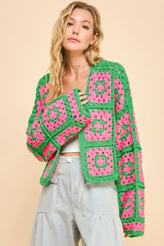 Davi & Dani Two Tone Flower Square Crochet Cardigan