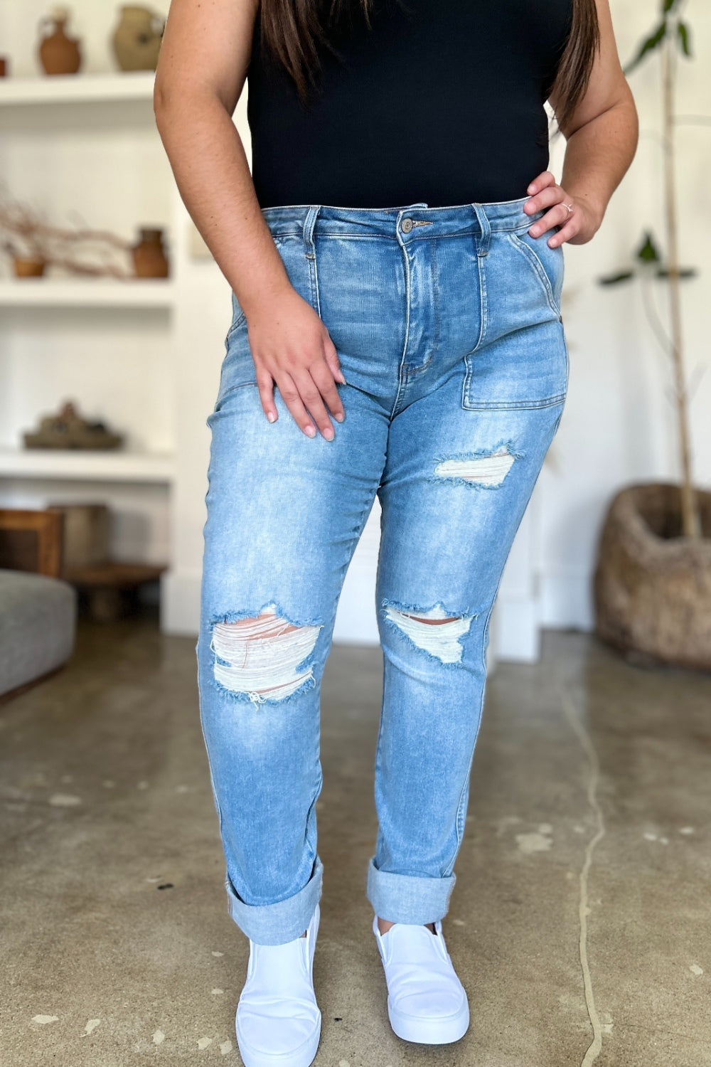 Lola Judy Blue Distressed Straight Jeans with Patch Pockets