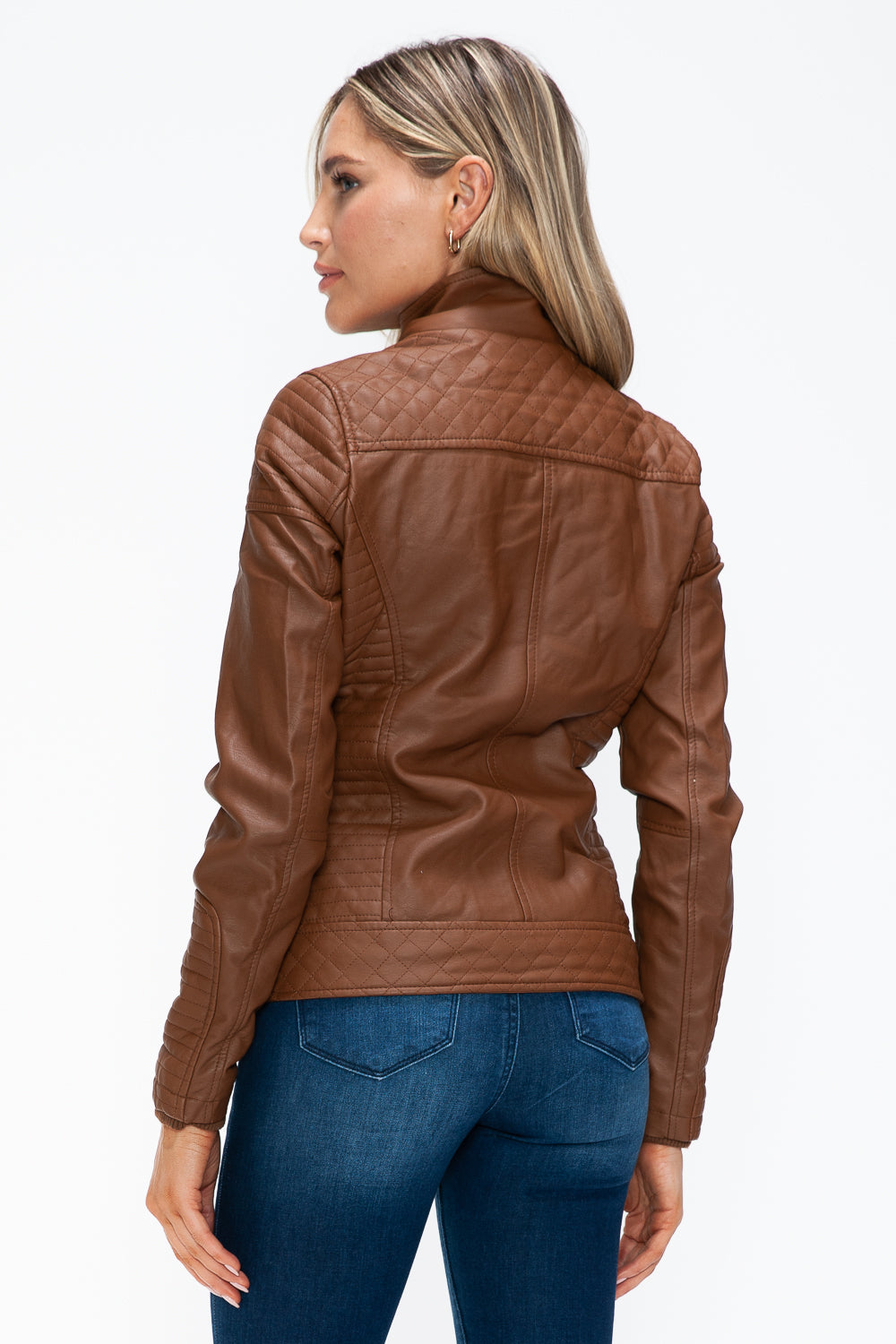 YMI Faux Layered Double-Zipper Jacket in Rust