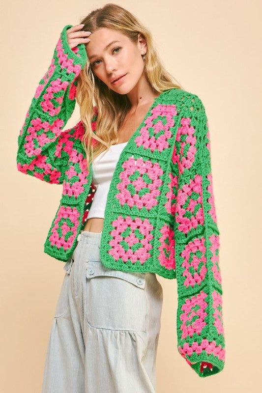 Davi & Dani Two Tone Flower Square Crochet Cardigan