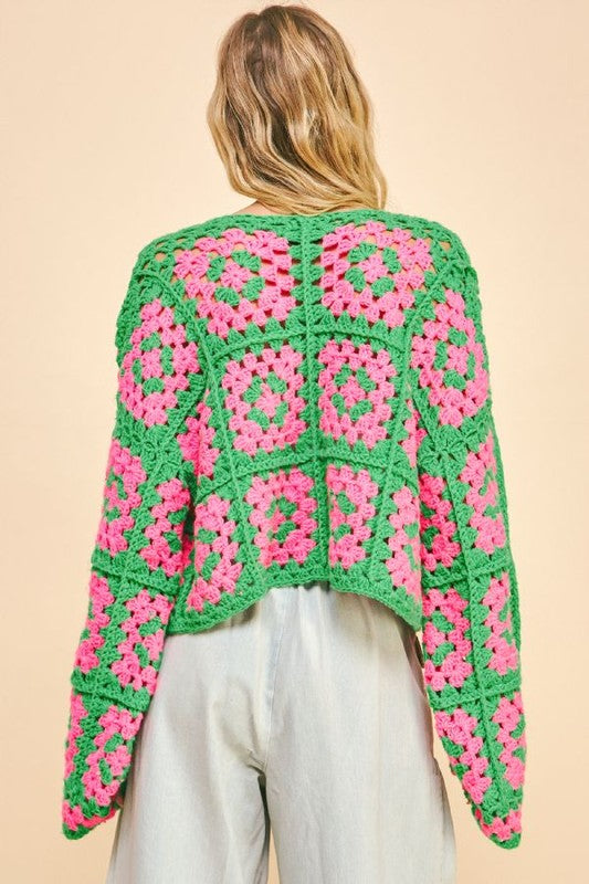 Davi & Dani Two Tone Flower Square Crochet Cardigan