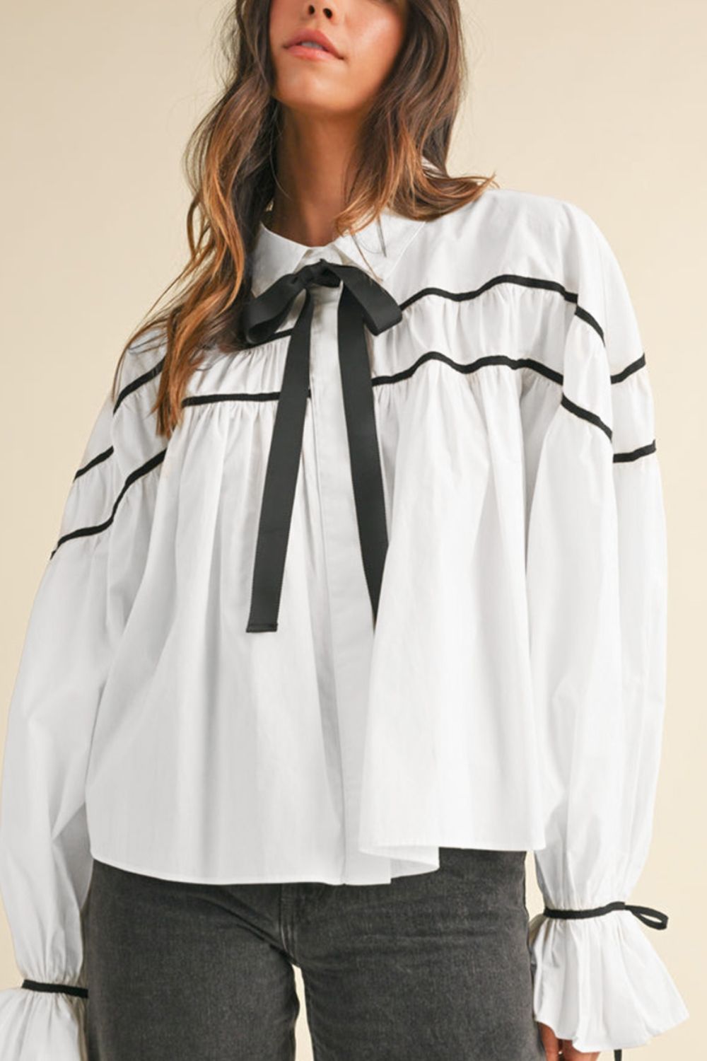 Got Ribbon Bowtie Flounce Sleeve Blouse