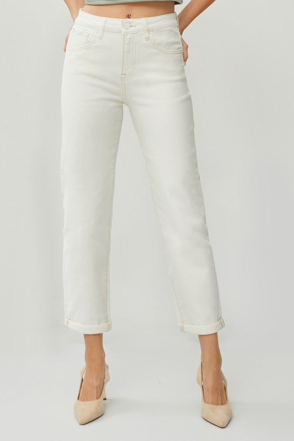 RISEN High Waist Rolled Hem Straight Jeans in Cream