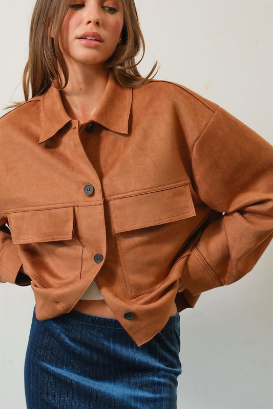 HYFVE Faux Suede Button Down Cropped Jacket