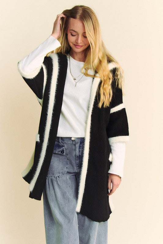 Davi & Dani Fuzzy Trim Loose Fit Cardigan