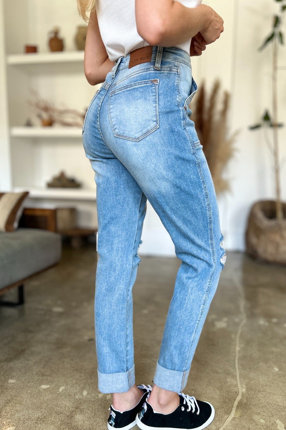 Lola Judy Blue Distressed Straight Jeans with Patch Pockets