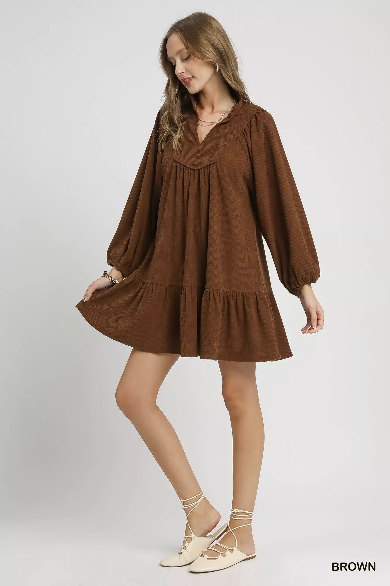 Umgee Corduroy Tiered Babydoll Dress Brown / S Umgee Corduroy Tiered Babydoll Dress Brown / S