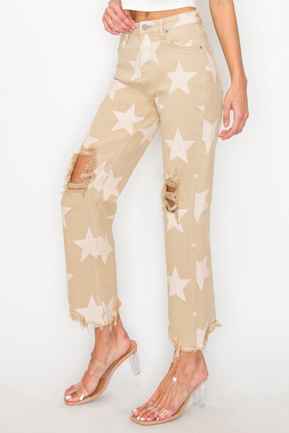 Risen High Rise Star Printed Frayed Hem Jeans