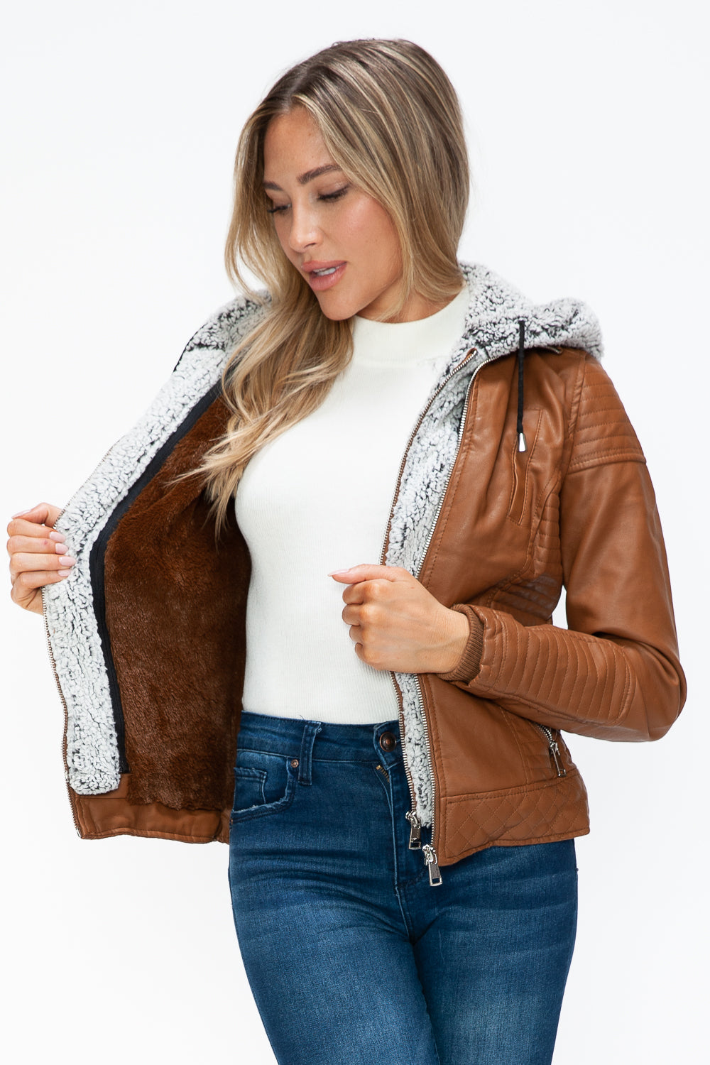 YMI Faux Layered Double-Zipper Jacket in Camel