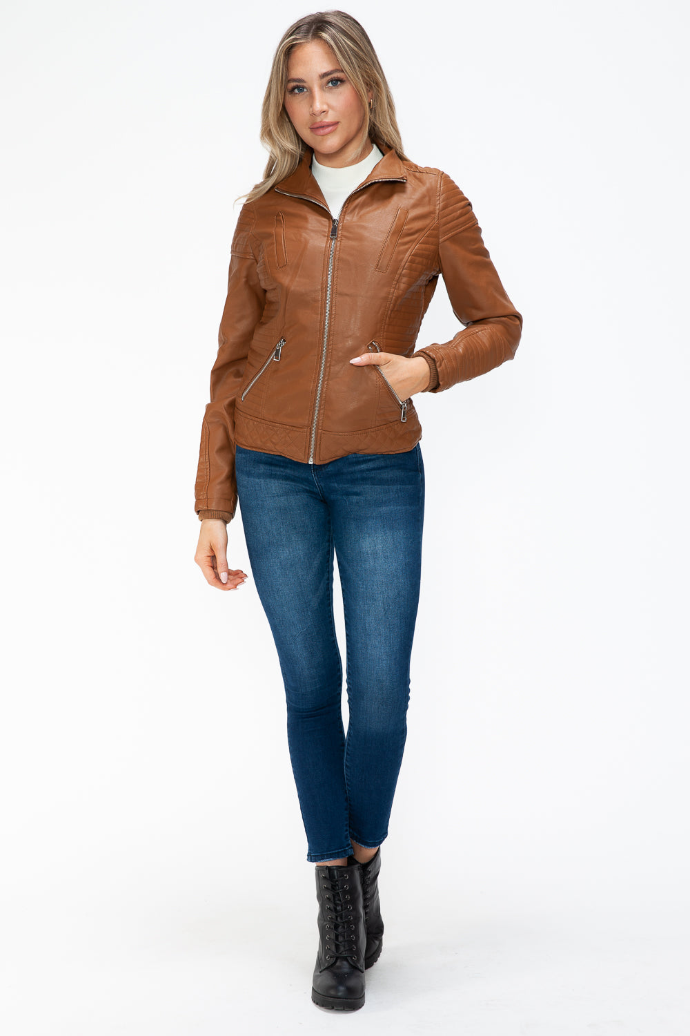 YMI Faux Layered Double-Zipper Jacket in Camel