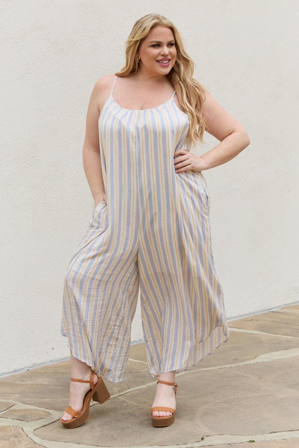 HEYSON Full Size Multi Colored Striped Jumpsuit with Pockets - The Fiery Jasmine
