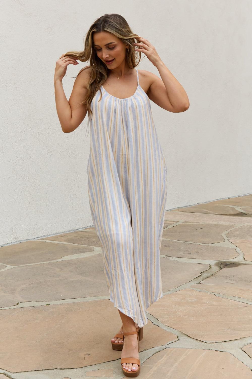 HEYSON Full Size Multi Colored Striped Jumpsuit with Pockets - The Fiery Jasmine