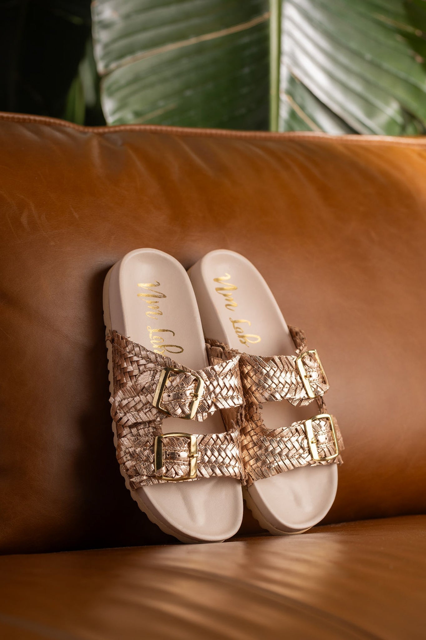 Naughty Monkey Intertwine Woven Strap Slide in Champagne