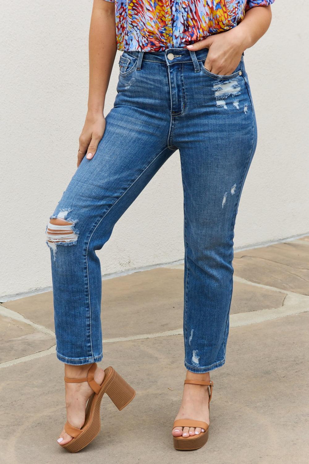 Judy Blue Theresa Full Size High Waisted Ankle Distressed Straight Jeans - The Fiery Jasmine