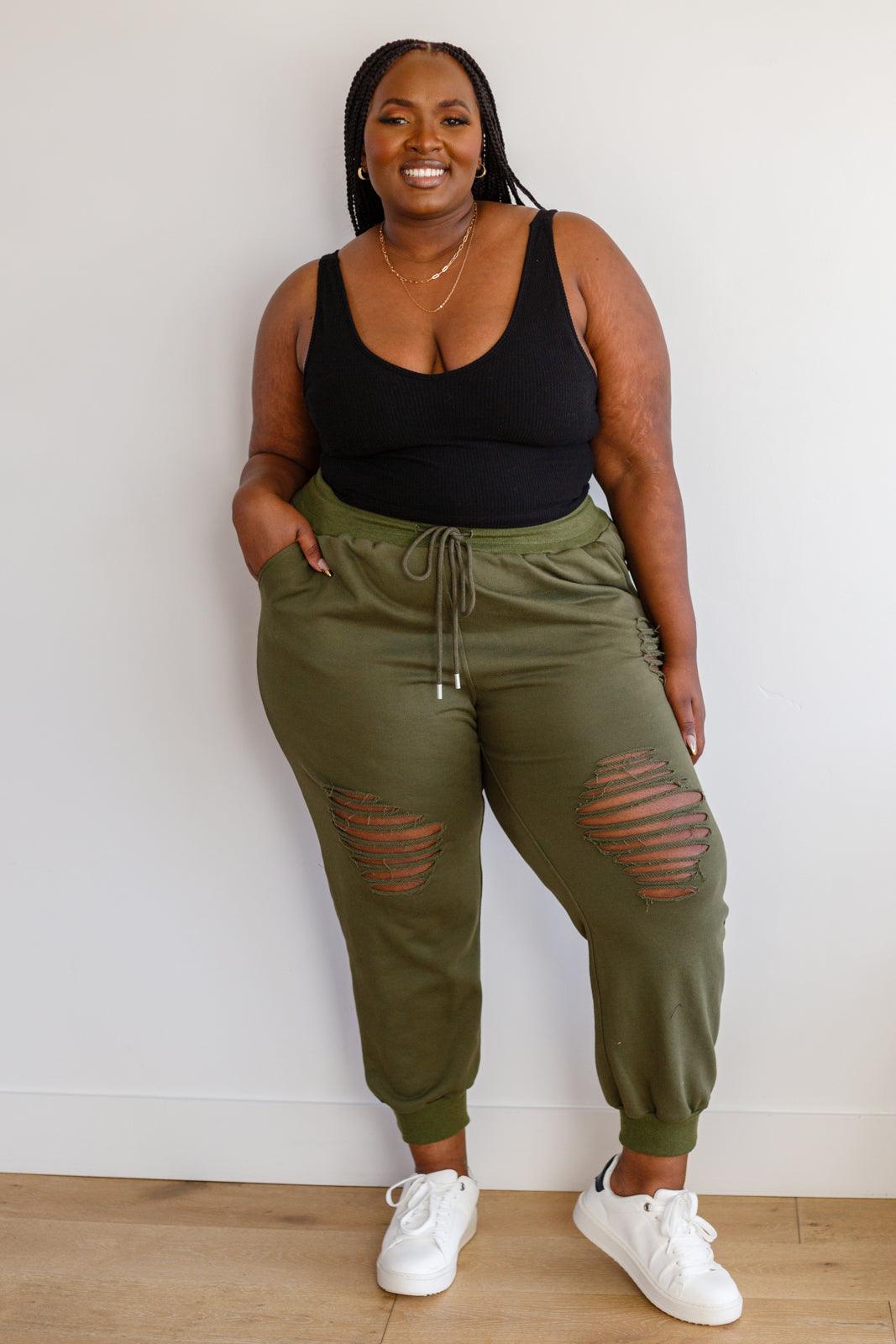 Kick Back Distressed Joggers in Olive - The Fiery Jasmine