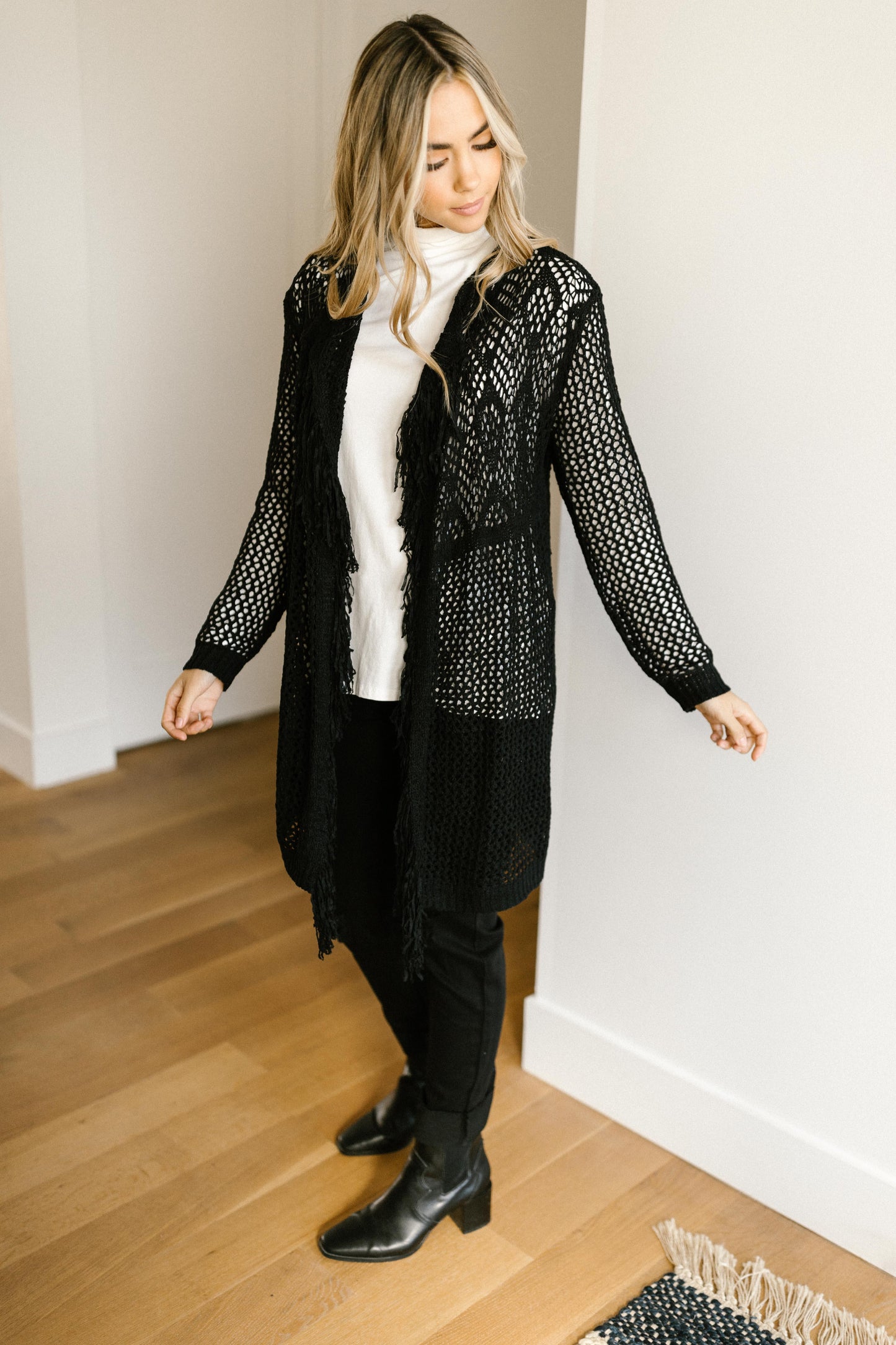 Knit And Fringe Cardigan in Black - The Fiery Jasmine