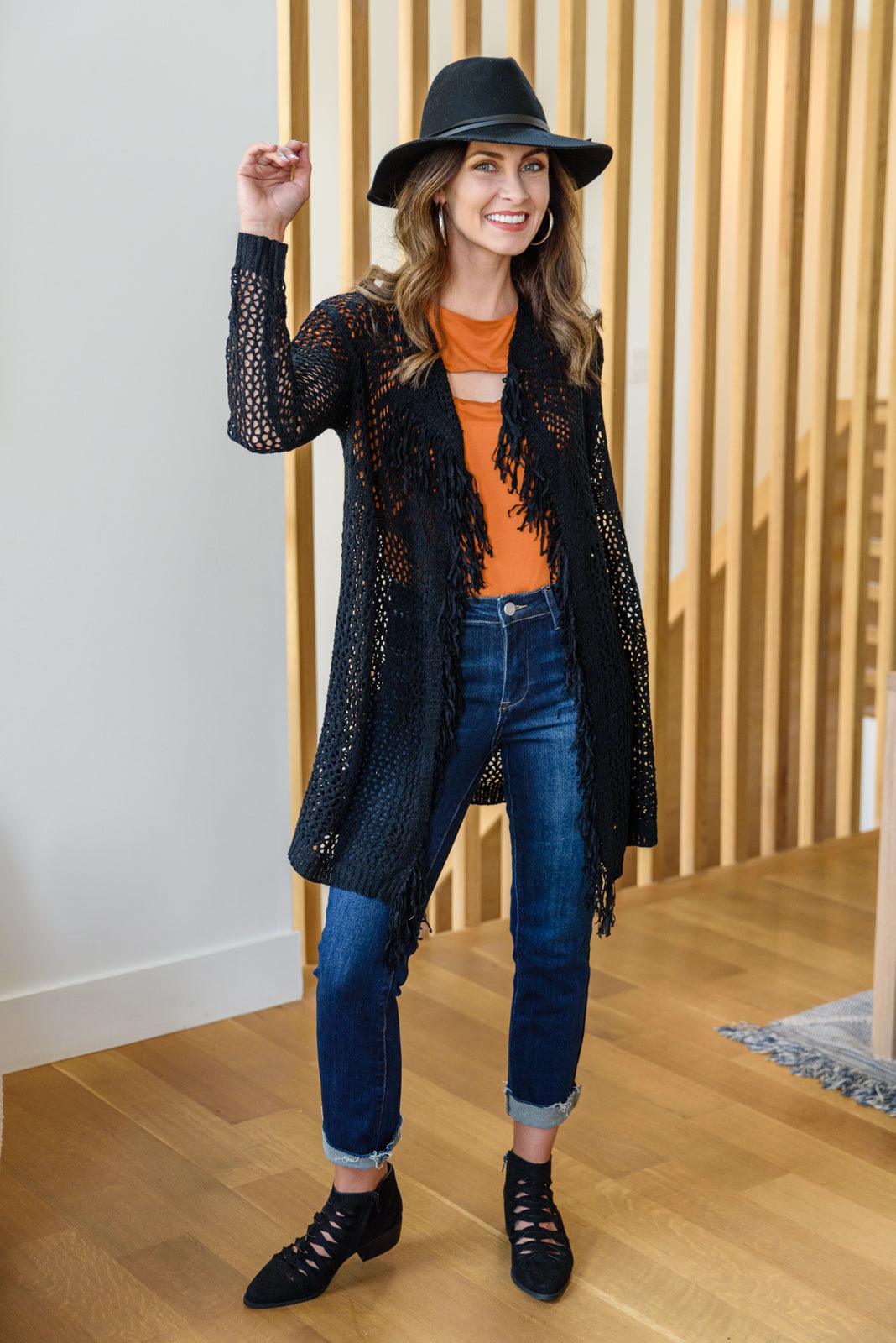 Knit And Fringe Cardigan in Black - The Fiery Jasmine